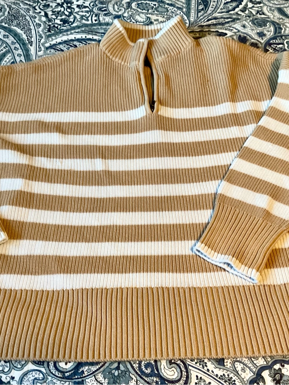 Lands' End Striped Half-Zip Sweater in Camel and White